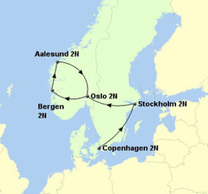 Scandinavia International Holiday Itinerary on a Map, Oslo, Bergen, Aalesund, Stockholm, Copenhagen