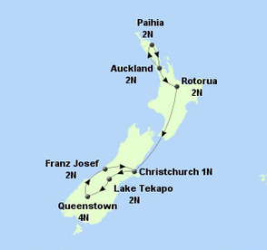 New Zealand International Holiday Itinerary on a Map, Auckland, Paihia (Bay of Islands, Rotorua, Lake Tekapo, Queenstown, Franz Josef, Christchurch