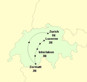 Switzerland International Holiday Itinerary on a Map, Lucerne, Interlaken, Zermatt, Zurich