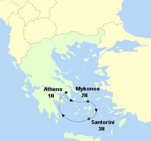 Greece International Holiday Itinerary on a Map, Athens, Mykonos, Santorini