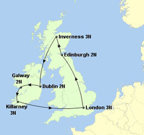 UK and Ireland International Holiday Itinerary on a Map, London, Dublin, Galway, Killarney, Cliffs of Moher, Edinburgh, Inverness, Isle of Skye