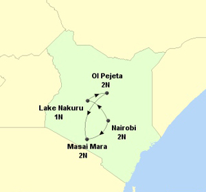 Kenya International Holiday Itinerary on a Map, Nairobi, Lake Nakuru, Ol Pejeta, Masai Mara