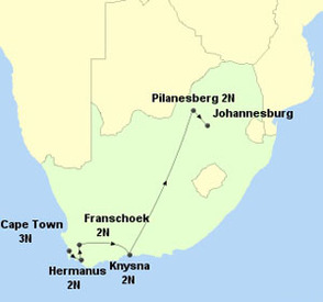 South Africa International Holiday Itinerary on a Map, Knysna, Franschoek, Hermanus, Cape Town, Pilanesberg