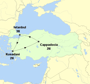 Turkey International Holiday Itinerary on a Map, Istanbul, Cappadocia, Kusadasi