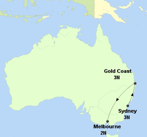 Australia International Holiday Itinerary on a Map, Sydney, Gold Coast, Melbourne