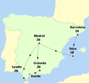 Spain International Holiday Itinerary on a Map, Madrid, Seville, Granada, Ibiza, Barcelona