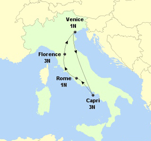 Italy International Holiday Itinerary on a Map, Florence, Venice, Capri, Rome