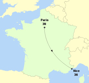 France International Holiday Itinerary on a Map, Paris, Nice 